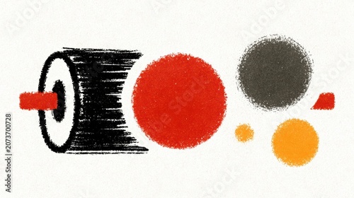 Abstract minimalist art featuring textured red and black circles and shapes on white