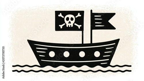 Minimalist black and white pirate ship illustration with jolly roger flag and waves icon
