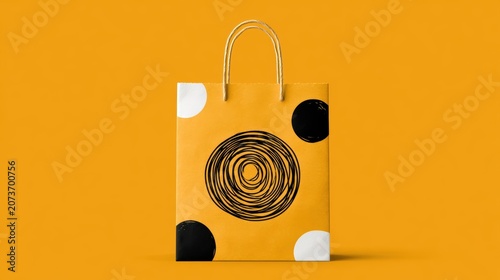 Minimalist yellow paper shopping bag with abstract black circular patterns and handles front view isolated background