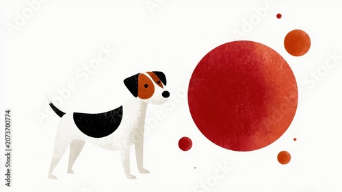 Illustration of a small cute dog looking at floating red orbs in a minimalist abstract artistic composition