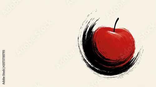 Minimalist artistic illustration of a vibrant red apple featuring bold black swirl brushstrokes on light neutral background