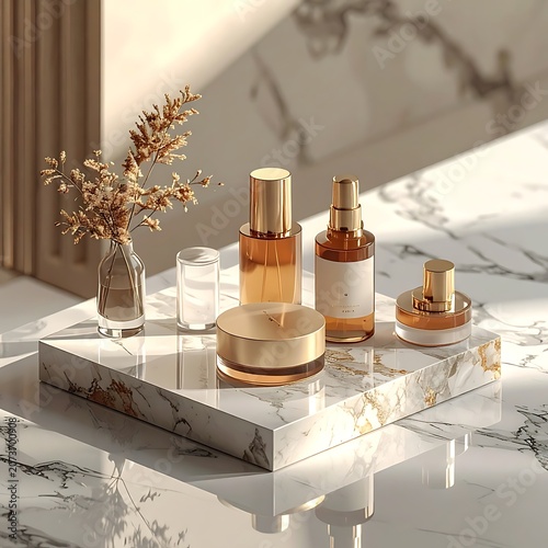 A serene arrangement of luxurious skincare products on a marble tray
