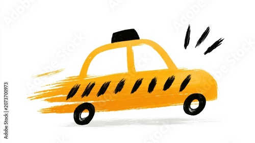 A stylistic hand drawn illustration of a vibrant yellow taxi car driving fast with motion lines against white background