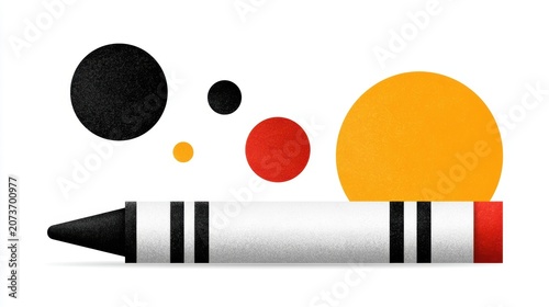 Minimalist illustration featuring a horizontal crayon with various colorful geometric circles floating above a white background