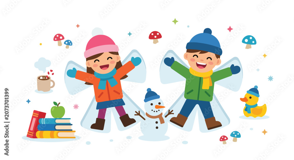 Fototapeta premium Two happy children lying in the snow making angels, surrounded by a snowman, a stack of books, a hot beverage, and a rubber duck in a winter scene.