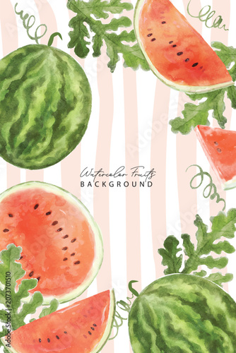 Set of slices watermelons summer banner background. Set of watercolor watermelon slices. Watermelon fruit watercolor collection. Set of fresh watermelon painted isolated on white background. 