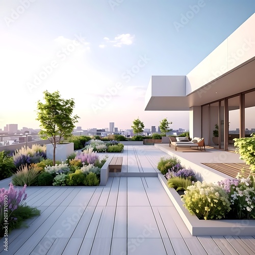 A serene rooftop garden with modern architecture and city skyline
