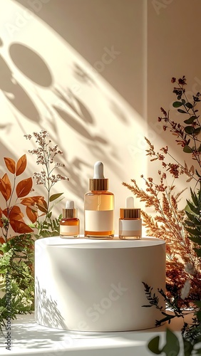 A serene still life with amber bottles on a white pedestal surrounded by lush greenery and warm sunlight