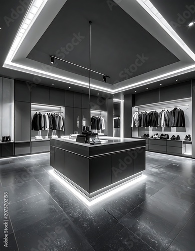 A sleek, modern clothing store interior with a central counter