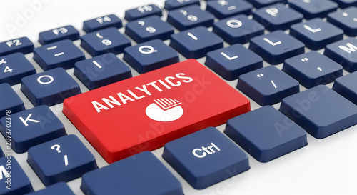 Analytics button highlighted on keyboard representing data analysis and business web.