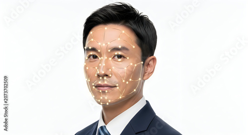 Asian man's face with glowing light network representing facial recognition technology.
