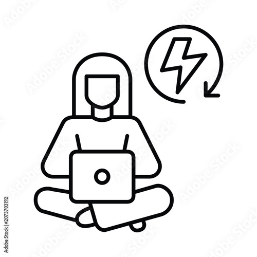 Woman working or studying at laptop, lightning bolt and renew arrow. Sustainable workplace, power up and speedy recovery. Pixel perfect, editable stroke vector icon