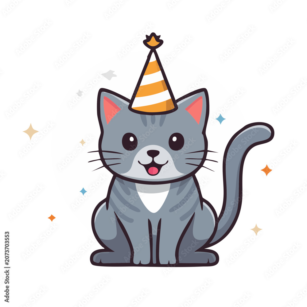 Fototapeta premium Cute Gray Cat Wearing Party Hat