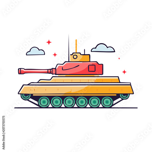 Flat illustration of a military tank with caterpillar tracks