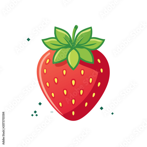 Flat illustration of a red strawberry with green leaves