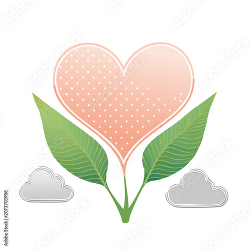 Pink heart with green leaves and clouds illustration