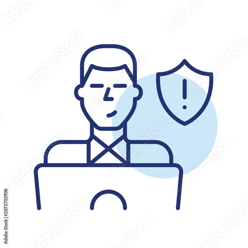 Man at laptop. Remote work security alert, workstation safety warning. Pixel perfect, editable stroke vector icon