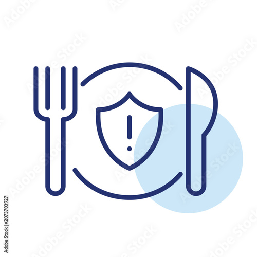 Food safety alert. Shield, exclamation mark, plate. Pixel perfect, editable stroke vector icon