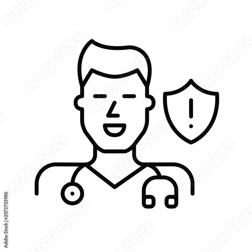 Medical safety alert, clinical practice warning, patient care hazard. Male doctor and shield with exclamation mark. Pixel perfect, editable stroke vector icon