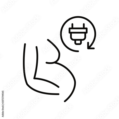 Pregnant woman and electric plug in renew arrow. Sustainable parenting and children products. Pixel perfect, editable stroke vector icon