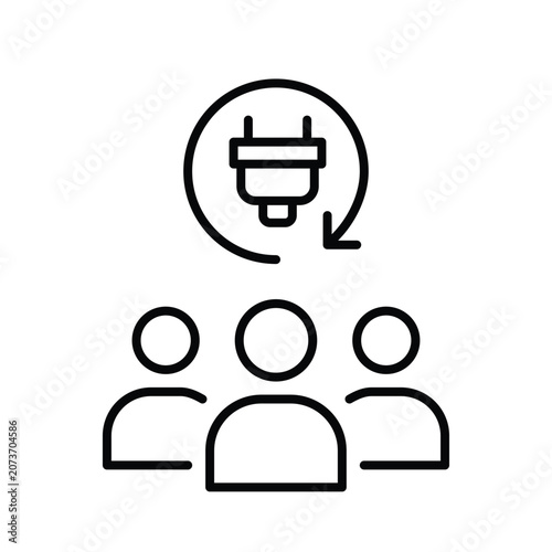 Group of 3 people and plug in renew arrow. Rapid consultation renewal, seamless dialogue synchronization. Pixel perfect, editable stroke vector icon