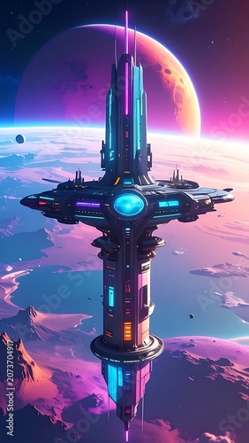 Futuristic space station with vibrant neon lights floating in orbit