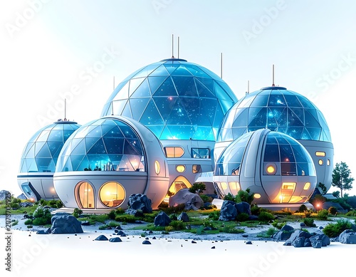 Futuristic domed habitat on a barren landscape