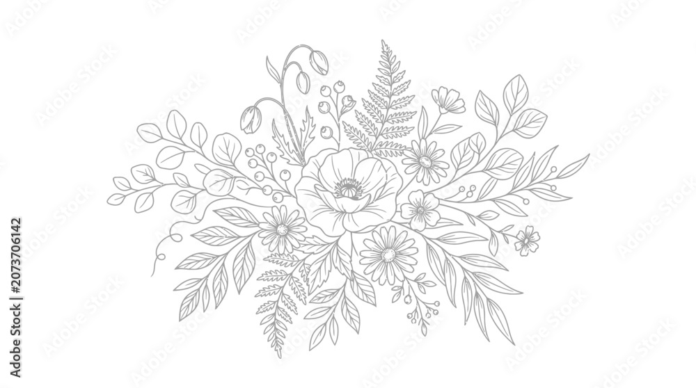 Fototapeta premium Elegant Hand Drawn Floral Bouquet Line Art Illustration