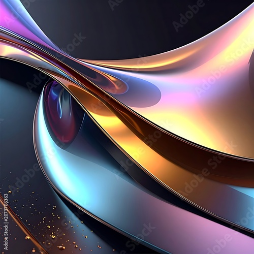 Vibrant iridescent curves with metallic sheen on dark background