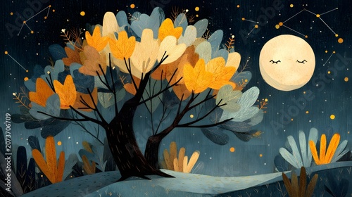 Whimsical Night Sky Illustration with Dreamy Moonlit Tree and Celestial Constellations in a Serene Fantasy Landscape Art
