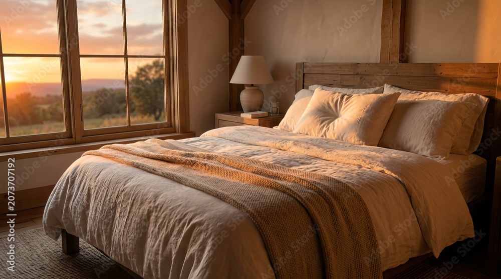 Obraz premium Cozy Bedroom Interior with Sunset View from Window.