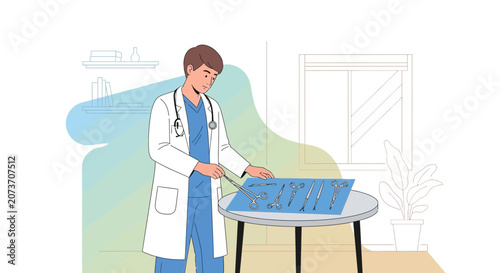 Doctor Presenting Surgical Instruments on Tray in Modern Clinic