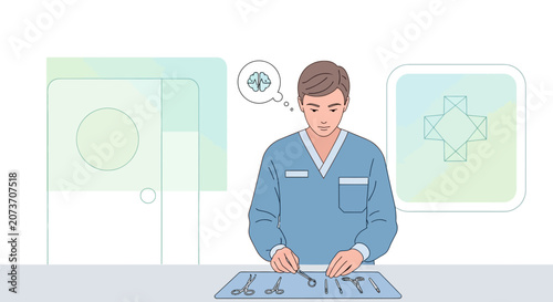 Doctor preparing surgical instruments, medical concept, brain thinking
