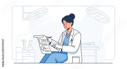 Doctor reviewing medical chart in operating room, healthcare illustration