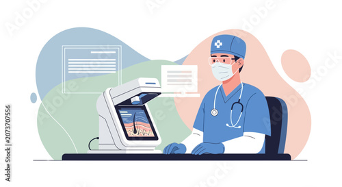 Doctor using advanced skin analysis device for dermatology clinic, medical technology illustration