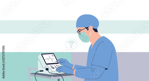 Doctor using medical device for vital signs monitoring, healthcare, medicine illustration