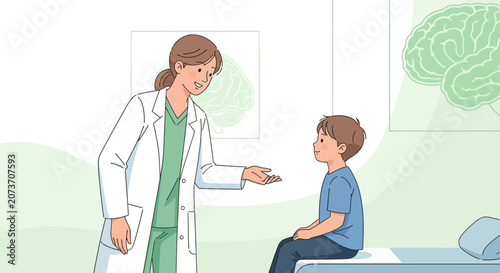 Doctor consulting young boy, brain health concept, medical care illustration