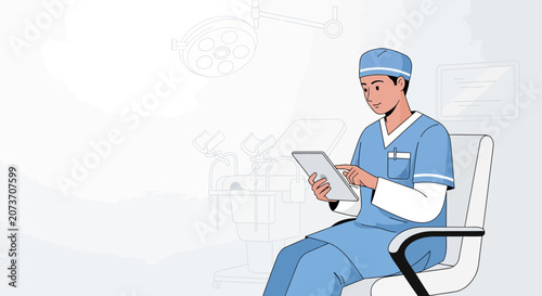 Doctor using tablet in examination room, healthcare, medical technology