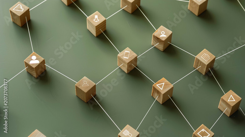 Connected wooden cubes network representing data connections blockchain and digital communication