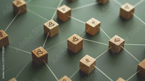 Connected wooden cubes network representing data connections blockchain and digital communication