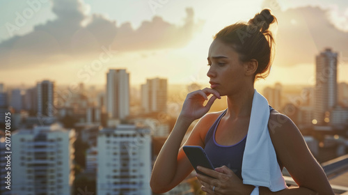 Young athletic woman resting after workout with city skyline at sunrise urban fitness concept