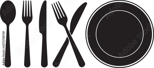 Photos Black silhouettes of cutlery and plate on white background