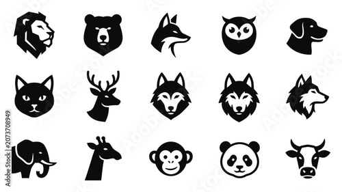 Photography Wild and Domestic Animals Vector Icon Set with Lion Bear Fox Owl Dog Cat Deer Wo