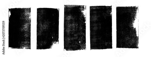 Set of vertical rolled ink rubber stamp black texture with brayer. Square shape of. letter press grunge vintage rough . Linocut irregular relief printing  brush illustration on transparent background