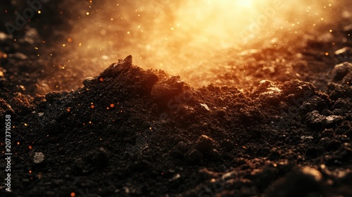 Dramatic close up of dark soil earth with glowing ember sparks and golden light dark textured earth illuminated by glowing ember sparks and golden light