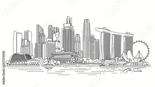 Singapore skyline cityscape landmark architecture drawing. Vector sketch illustration. Isolated on a white background