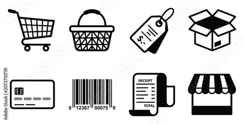 Ecommerce and Online Shopping Vector Icon Set with Cart Basket Price Tag Cardboard Box Credit Card Barcode Receipt and Storefront Symbols, Retail Market Flat Black Glyph Illustration Collection