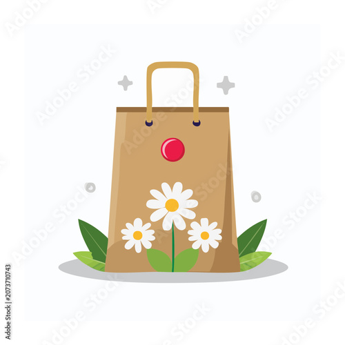 Brown paper shopping bag with daisies and leaves