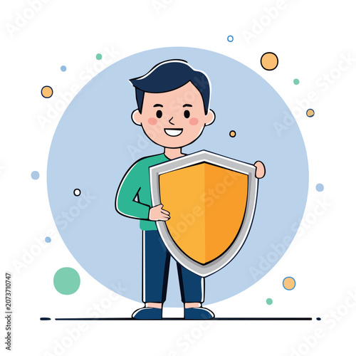 Cartoon boy holding a shield, flat vector illustration
