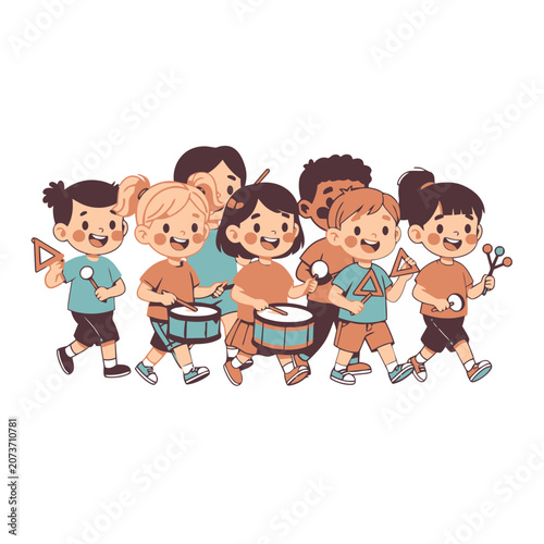 Cartoon children playing musical instruments together
